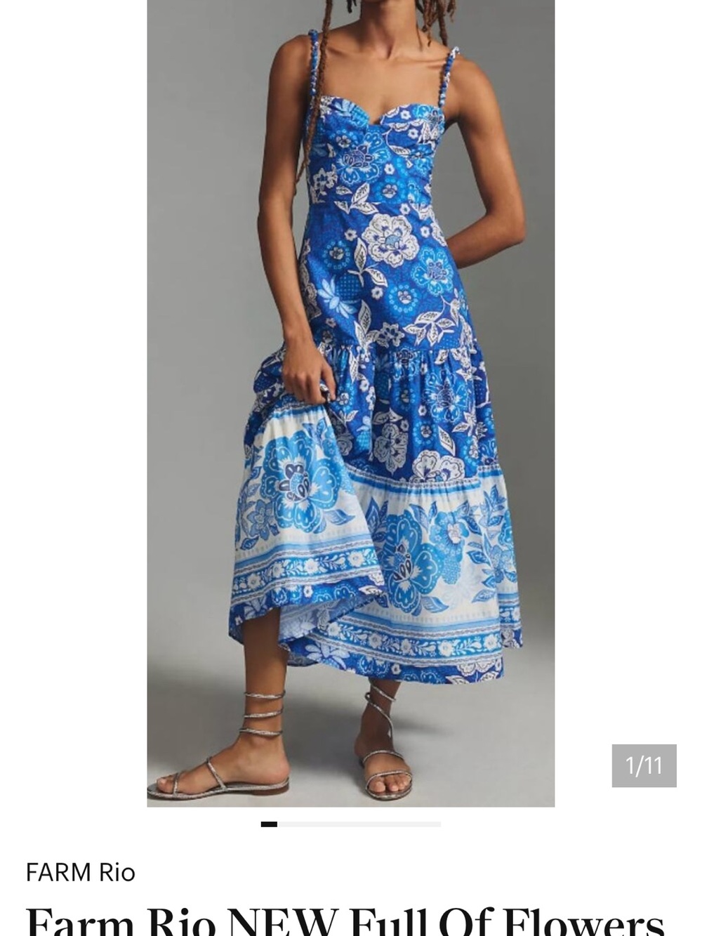 FARM Rio Blue Floral Tiered Midi Dress with White Accents
